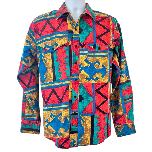 Wrangler Vintage USA Cowboy Cut Vibrant Aztec Western Button Down Shirt 16x35 - Picture 1 of 12